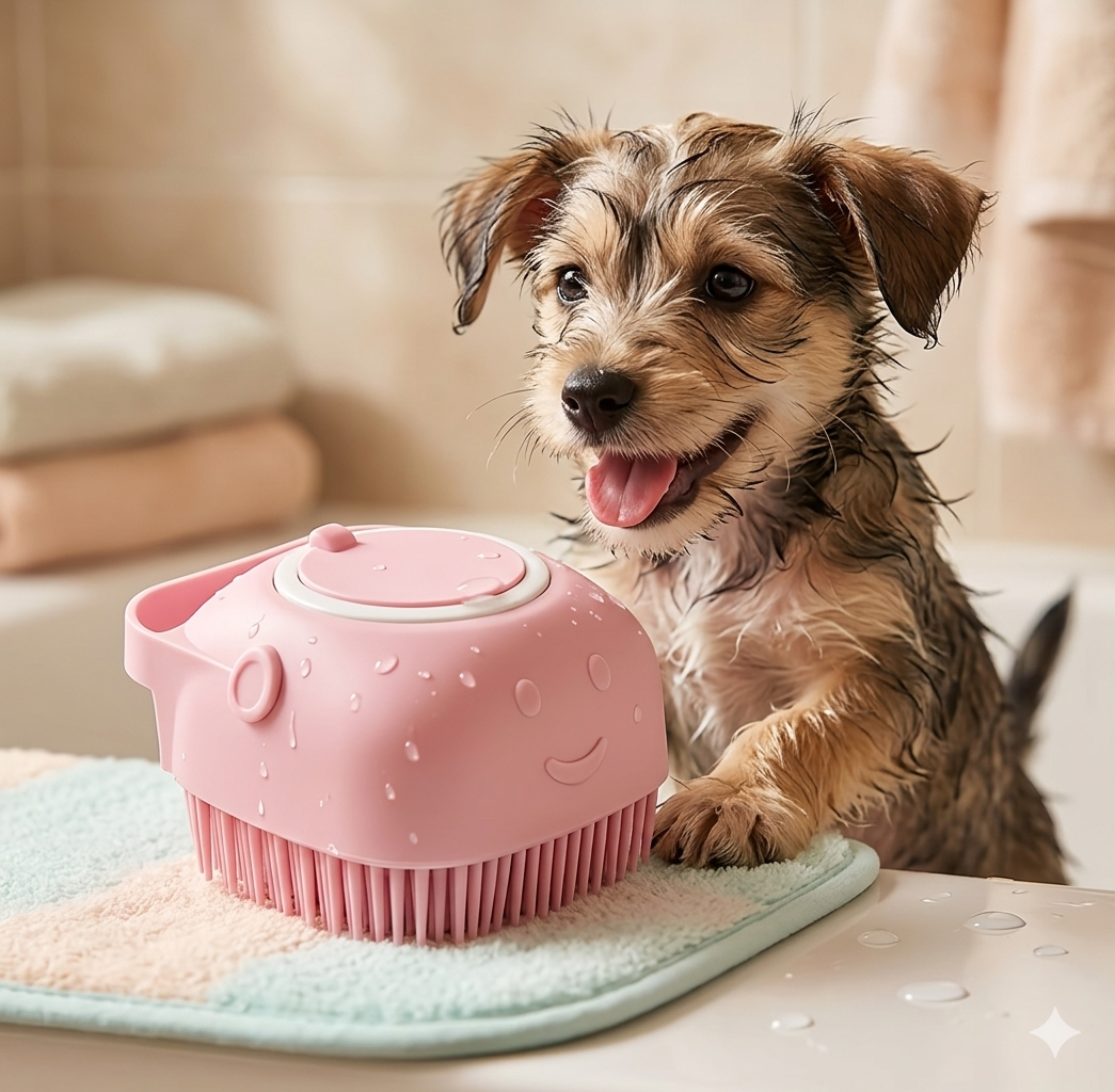 Brosse de Bain Silicone 2-en-1 pour Chien & Chat – Massage & Rangement Intégré